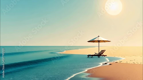 Minimalistic Tropical Island Illustration with Sun Umbrella and Lounge Chair – Tranquil Beach Scene for Relaxation