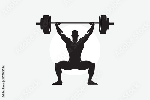 minimal black silhouette of a person performing a snatch lift. The figure is in a wide stance, lifting a barbell overhead in one swift motion, arms fully extended