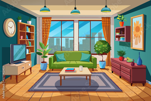 Cozy modern living room illustration with large windows, green walls, and stylish furniture