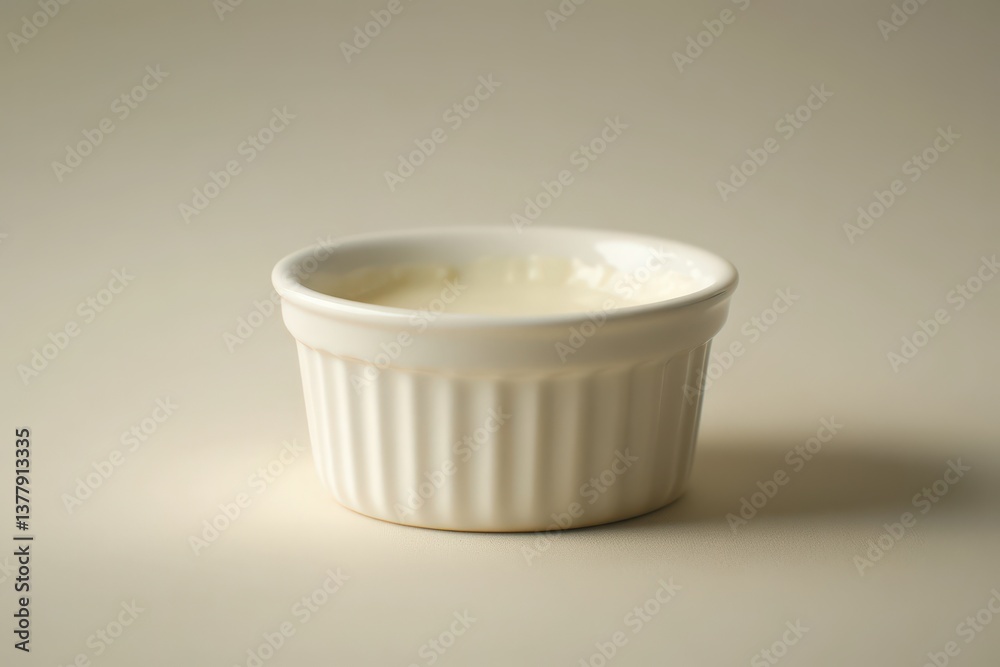 A small white ramekin filled with a creamy white food A small white ramekin filled with a creamy white food