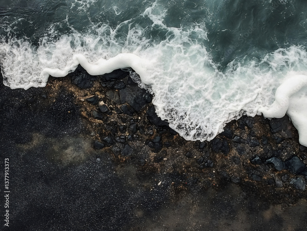 Obraz premium Aerial View of Ocean Waves on Rocky Shore