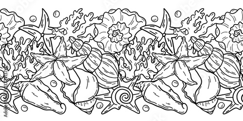 Seashell seamless Border. Vector outline illustration. Hand drawn pattern of Sea frame. Linear drawing on isolated white background. Black contour line art of nautical ornament. For bathroom textile