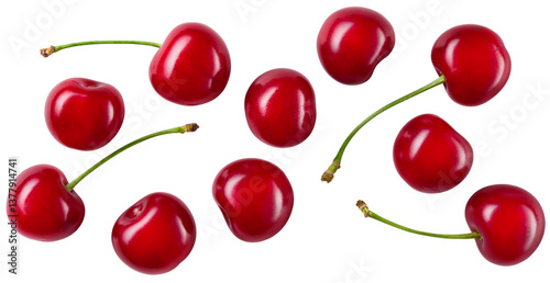 Cherry isolated png. Sour cherry with leaf on white or transparent background. Perfect retouched cherries on branch with leaves no background.  Png cherry flat lay.  Sour cherries background.