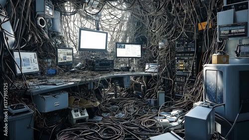 A chaotic workspace filled with tangled wires and electronic devices, Tech equipment intertwined in confusion	