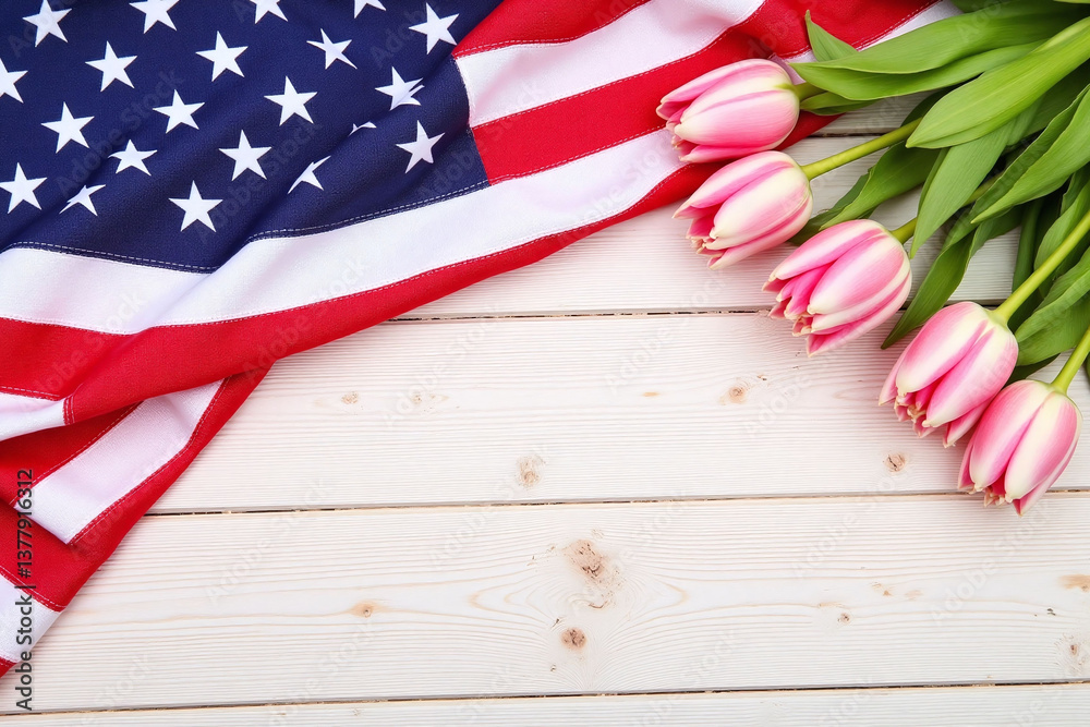 Obraz premium bouquet of pink tulips next to an American flag on a wooden table
