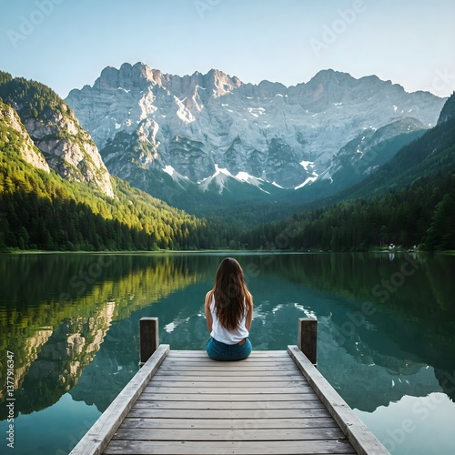 Moment of Peace at Mountain Lake with Seeming Connection to Nature