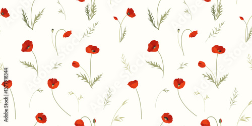 Floral seamless pattern with red poppies. Springtime cute background with poppies. Floral summer background. Romantic pattern. Vector illustration.