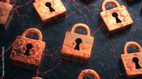 Abstract Digital Security Concept Glowing Bronze Padlocks on Dark Background