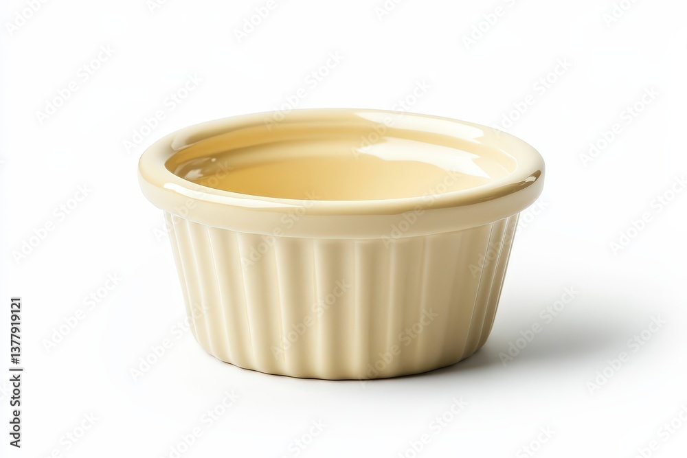 A small cream colored ceramic ramekin isolated on a white background A small cream colored ceramic ramekin isolated on a white background