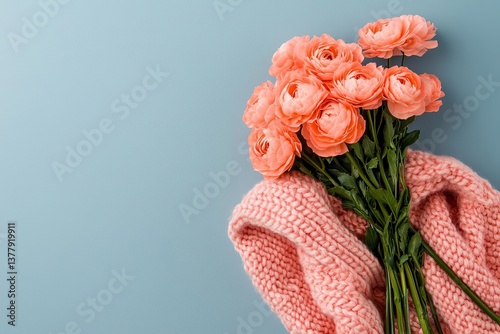 A beautiful bouquet of peach ranunculus flowers with a cozy pink sweater against a blue background.