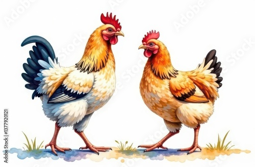 Colorful Chicken Pair with Feathers Displayed