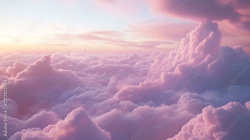 Naklejka premium Clouds illuminated by soft sunset hues for peaceful nature and sky backgrounds soft dreamy vaporwave Serene clouds illuminated by soft sunset hues. pastel kawaii fantasy