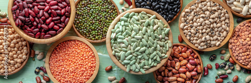 Obraz  z motywem Various legumes, overhead flat lay panorama on a blue background. Many different pulses, an assortment, panoramic banner