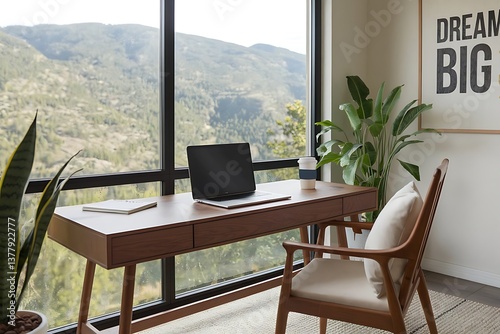 Remote job offering a nice view of hill .A cup of coffee on a laptop in an office setting with a desk, chair, and plants, showcasing a work environment photo