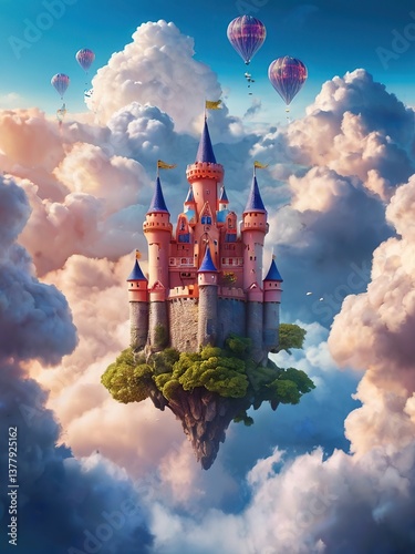 Fantasy landscape with pink fairytale castle and hot air balloons flying in the sky