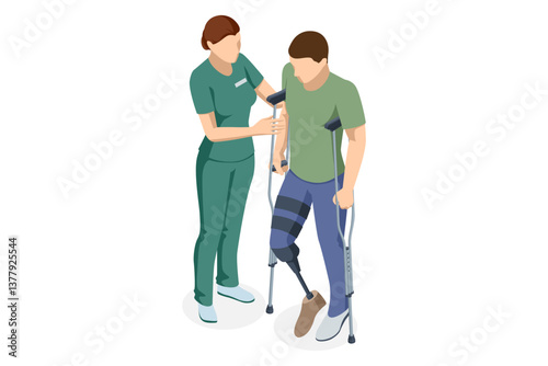 Isometric vector image showing therapist assisting male patient using crutches with prosthetic leg, undergoing mobility rehabilitation.