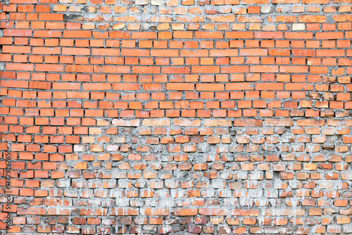 Obraz na płótnie Rustic brick wall showcasing aged texture and vibrant color variations under sunlight w salonie