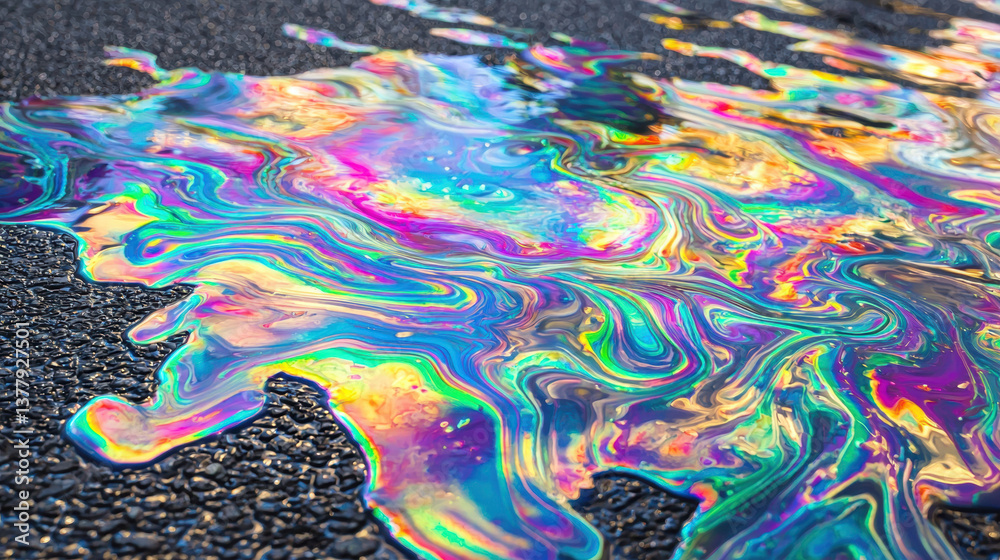Fototapeta premium Colorful oil slick on asphalt creates mesmerizing pattern with vibrant hues reflecting light