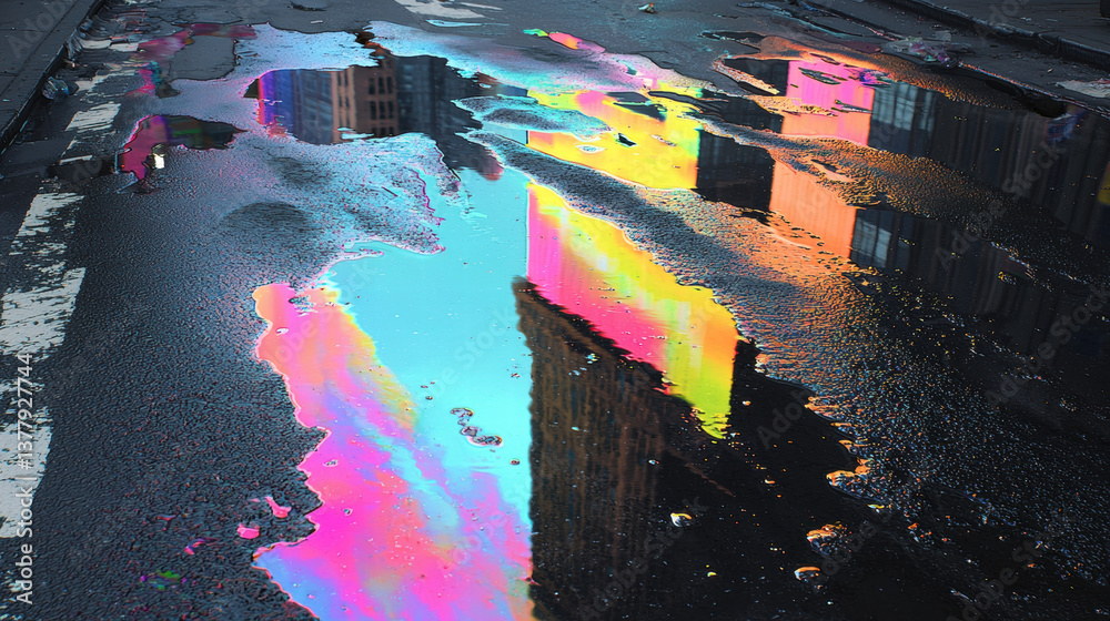 Fototapeta premium vibrant reflection of buildings puddle creates colorful, abstract scene street. shimmering hues evoke sense of wonder