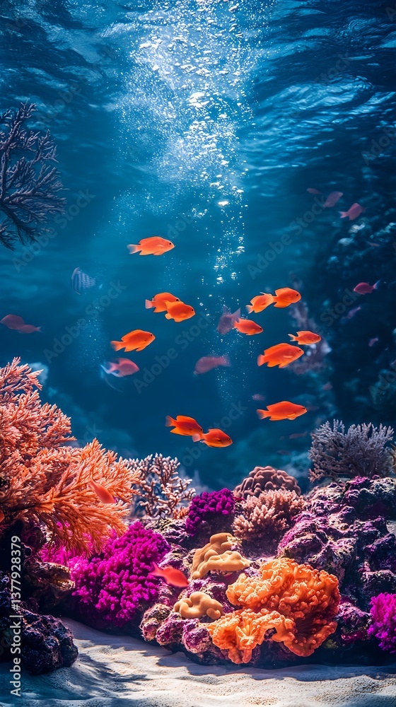 Fototapeta premium A deep ocean scene with colorful corals and tropical fish in softly lit, clear blue water, creating a peaceful, dreamlike atmosphere