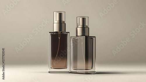 Elegant glass bottles with pump dispensers stand on neutral background, showcasing minimalist skincare packaging. design exudes luxury and sophistication, perfect for high end cosmetics