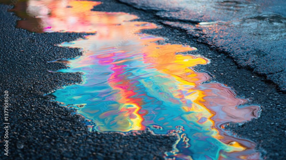 Fototapeta premium Colorful reflections shimmer on wet asphalt, creating vibrant and artistic scene that captures beauty of nature palette