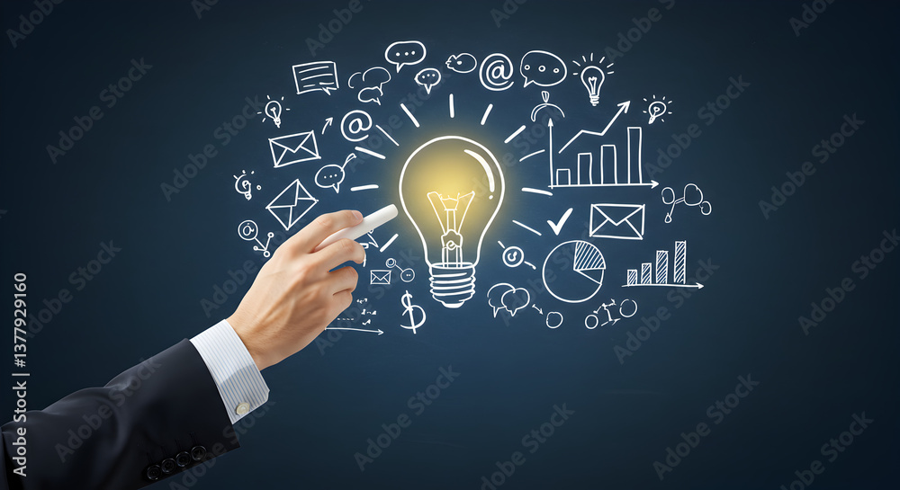 Hand Drawn Light Bulb with Chalk on Dark Blue Background Business Idea Hand Drawn Light Bulb with Chalk on Dark Blue Background Business Idea