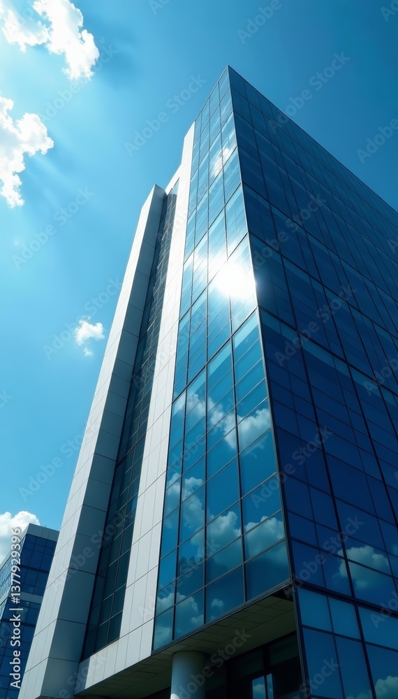 Obraz premium A modern tall office building with reflective windows under bright blue sky, cityscape, urban, skyscraper