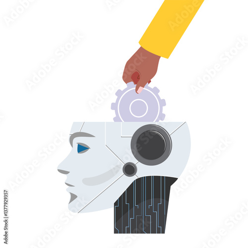 Illustration of human robot teamwork with mechanical parts and futuristic repair concepts