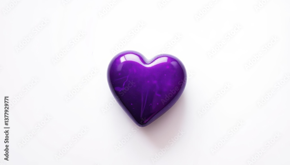 A polished purple heart rests on a pristine white background, photography, form A polished purple heart rests on a pristine white background, photography, form
