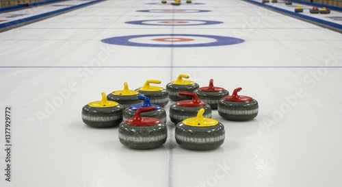 Curling stones arranged in a strategic formation on the ice during a competitive match