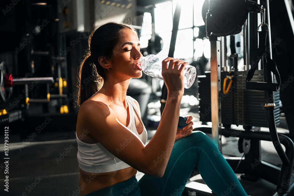 Fototapeta premium Athletic Woman Hydrating at the Gym After Workout