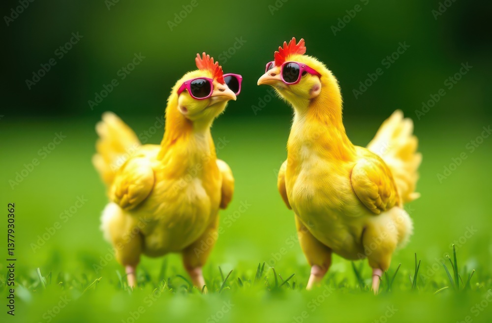 Fototapeta premium Two Chickens Wearing Sunglasses in a Field