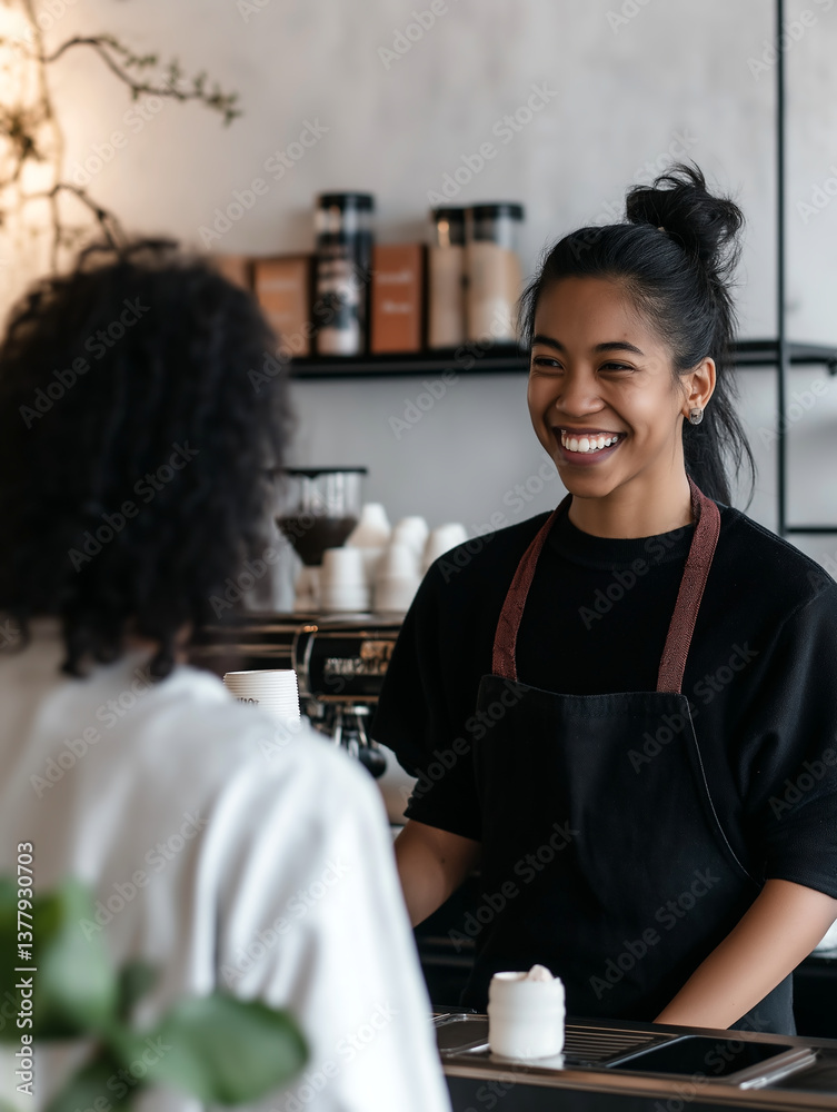 Obraz premium Smiling barista serves coffee in a modern cafe during the morning rush hour