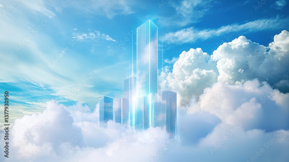 Fototapeta premium A futuristic cityscape emerging from clouds under a bright blue sky, featuring tall, sleek buildings and a sense of serenity and wonder.