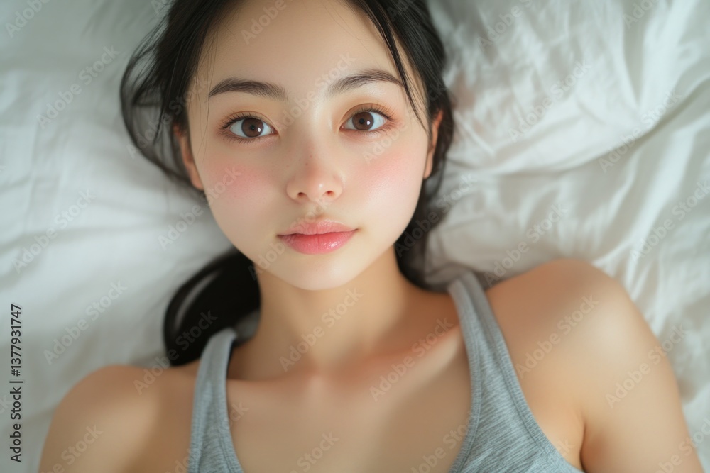 Young woman lying on white sheets in casual attire with relaxed expression highlighting natural beauty and calmness Young woman lying on white sheets in casual attire with relaxed expression highlighting natural beauty and calmness