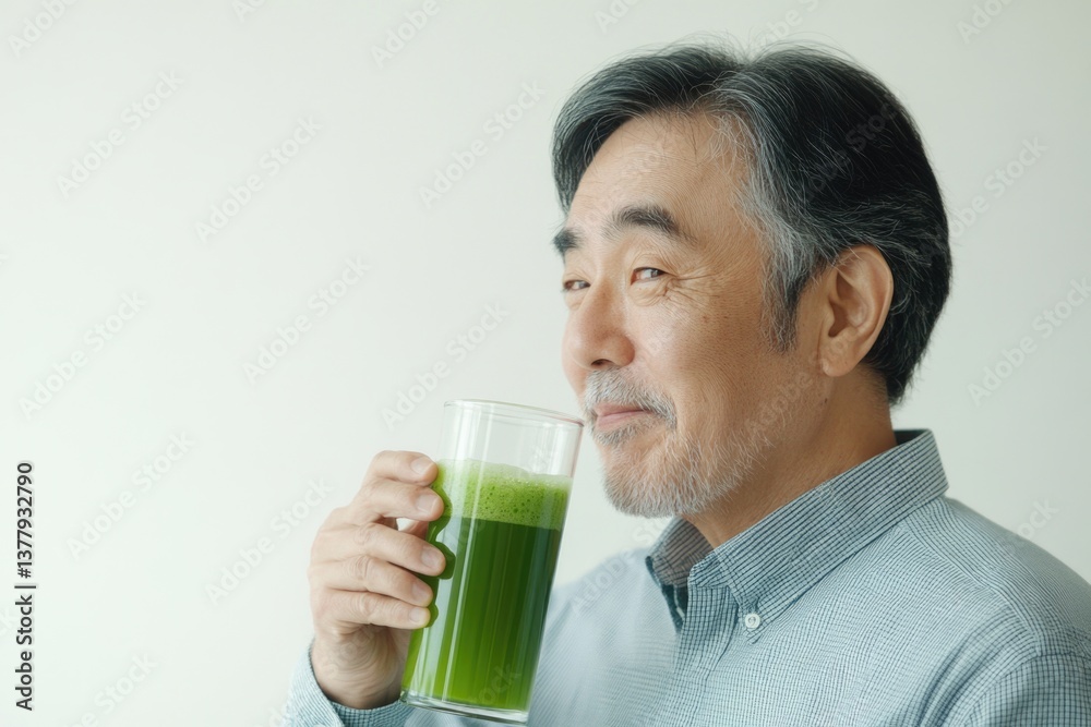 Senior man enjoys a refreshing green juice at home during the afternoon