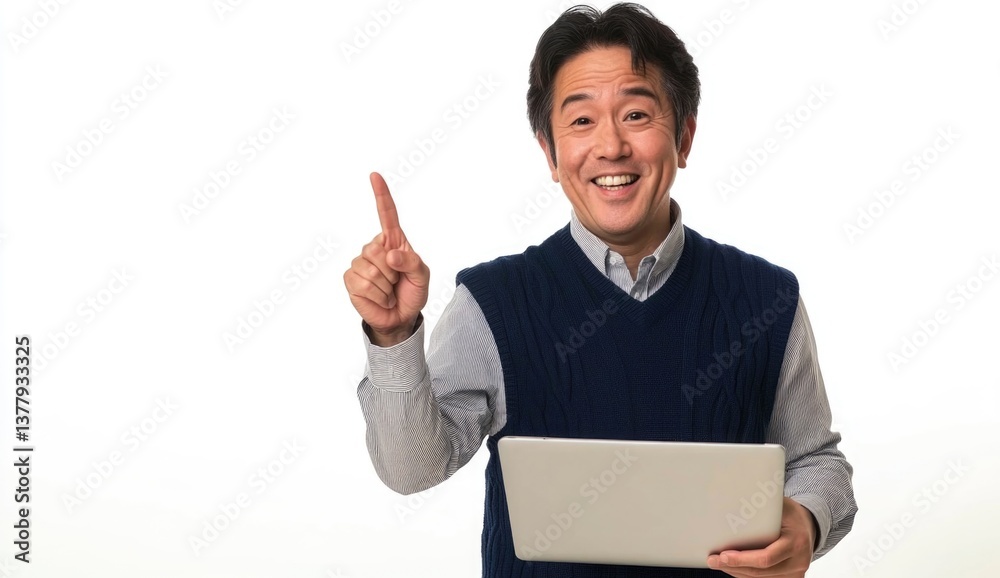 Individual with a laptop smiling and gesturing while wearing a sweater vest in a light setting Individual with a laptop smiling and gesturing while wearing a sweater vest in a light setting