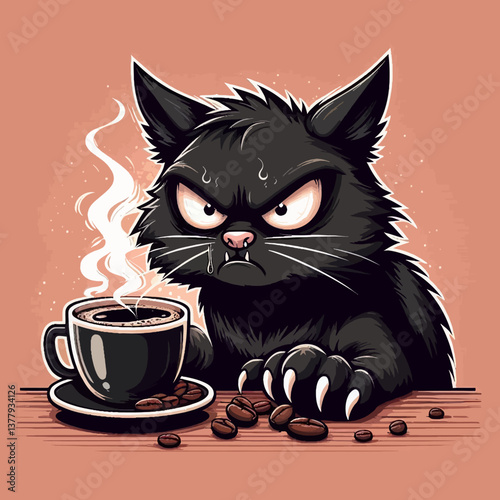 "不機嫌な黒猫がコーヒーを飲むカートゥーンベクター形式。カラフルなロゴエンブレムイラスト、EPS10形式のステッカーデザイン、風変わりなブランディングや楽しいプロジェクトに最適。"	
