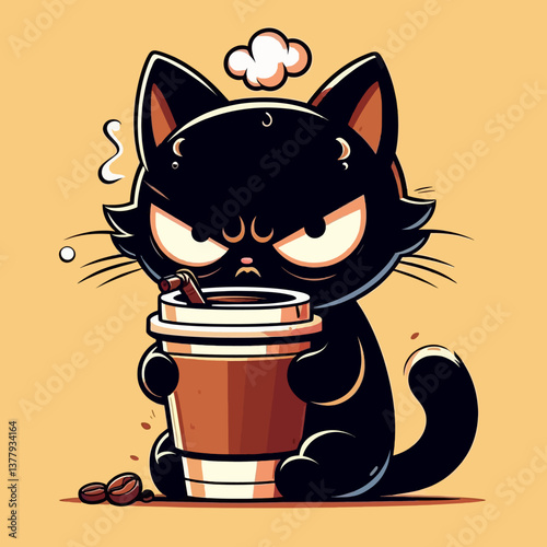 "不機嫌な黒猫がコーヒーを飲むカートゥーンベクター形式。カラフルなロゴエンブレムイラスト、EPS10形式のステッカーデザイン、風変わりなブランディングや楽しいプロジェクトに最適。"	
