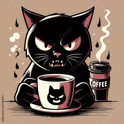 "不機嫌な黒猫がコーヒーを飲むカートゥーンベクター形式。カラフルなロゴエンブレムイラスト、EPS10形式のステッカーデザイン、風変わりなブランディングや楽しいプロジェクトに最適。"	

