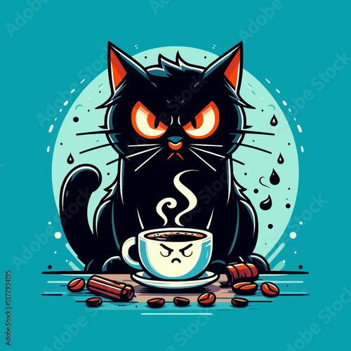 "不機嫌な黒猫がコーヒーを飲むカートゥーンベクター形式。カラフルなロゴエンブレムイラスト、EPS10形式のステッカーデザイン、風変わりなブランディングや楽しいプロジェクトに最適。"	
