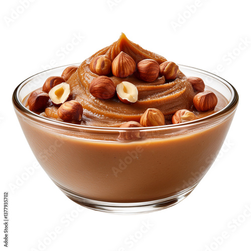 Hazelnut Dream: A mouthwatering image of smooth, creamy hazelnut butter, generously adorned with whole hazelnuts, artfully presented in a glass bowl. 