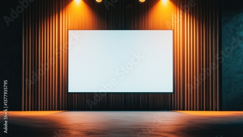 A minimalist stage with a large blank screen illuminated by warm lights, set against textured wooden walls.