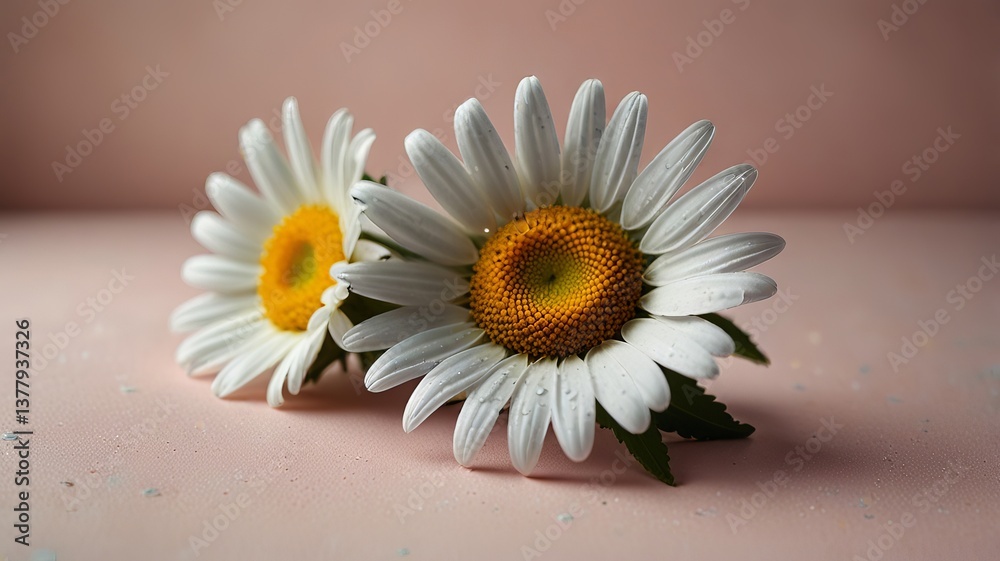 Fototapeta premium Two daisies on a pastel background symbolize simplicity and purity.