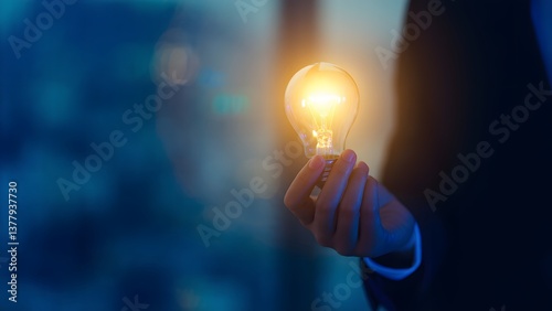  起業家のアイデア瞬間 - 電球を持つビジネスウーマン、創造性の象徴、青と黄色の照明コントラスト、ぼやけた都市背景、イノベーションのビジュアル表現 photo