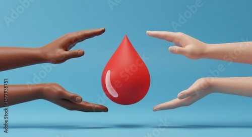 World hemophilia day concept with red blood drop simbol and hands on blue background
