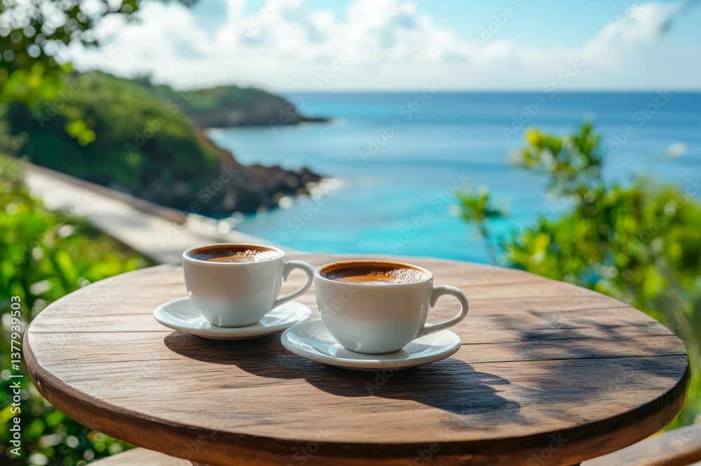 A table with two cups of coffee, overlooking the blue sea on an idyllic island, creating a peaceful scene. A table with two cups of coffee, overlooking the blue sea on an idyllic island, creating a peaceful scene.