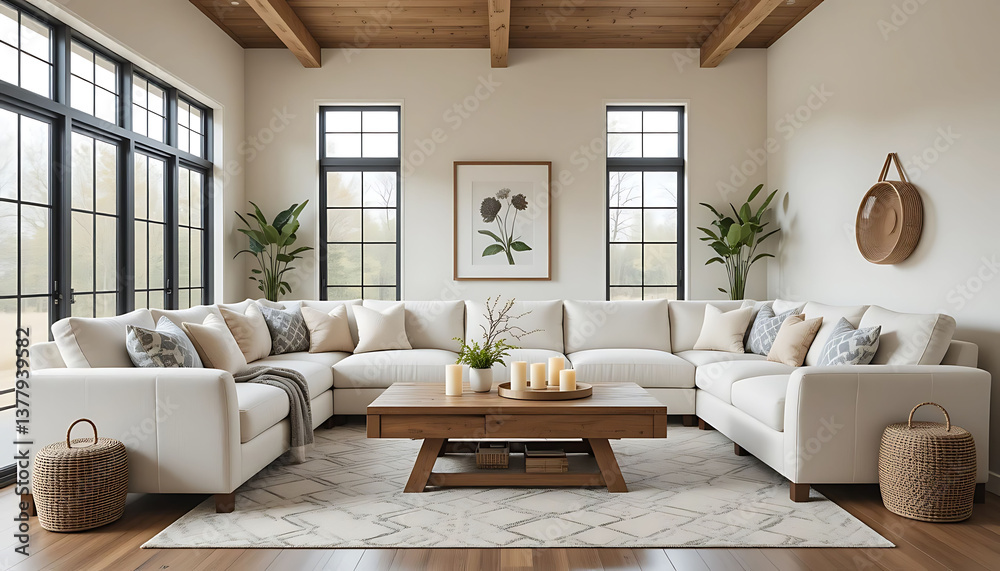 Fototapeta premium Modern Living Room with White Sectional Sofa and Wood Accents
