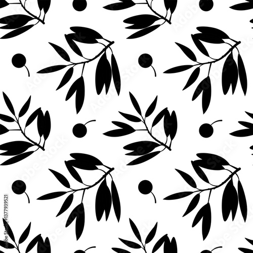Seamless black and white vector pattern with sea buckthorn silhouettes, berries, leaves, and branches.